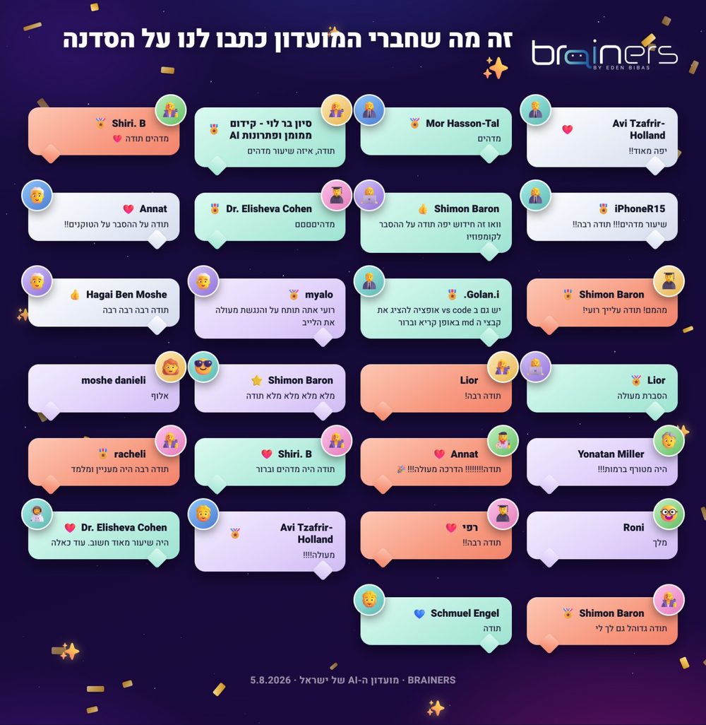משוב חברי מועדון Brainers על סדנת Claude Code. רועי, אתה תותח על. והנגשת מעולה את הלייב · תודה, איזה שיעור מדהים · היה שיעור מאוד חשוב, עוד כאלה · היה מטורף ברמות.